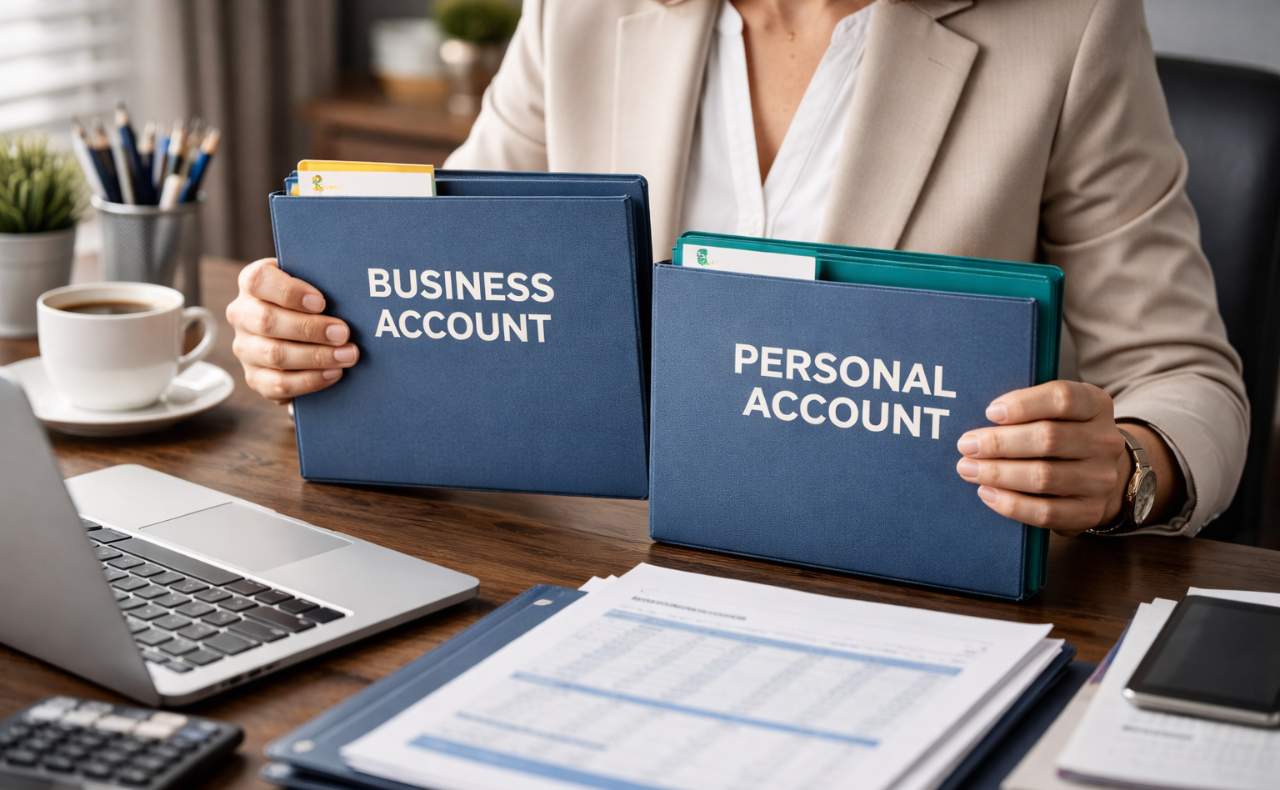 Separate business and personal bank accounts for clean bookkeeping records.